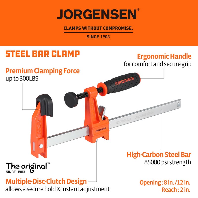 Jorgensen 2-Piece Steel Bar Clamp Set, Light Duty F-Clamp, 8-inch & 12-inch - Image 2